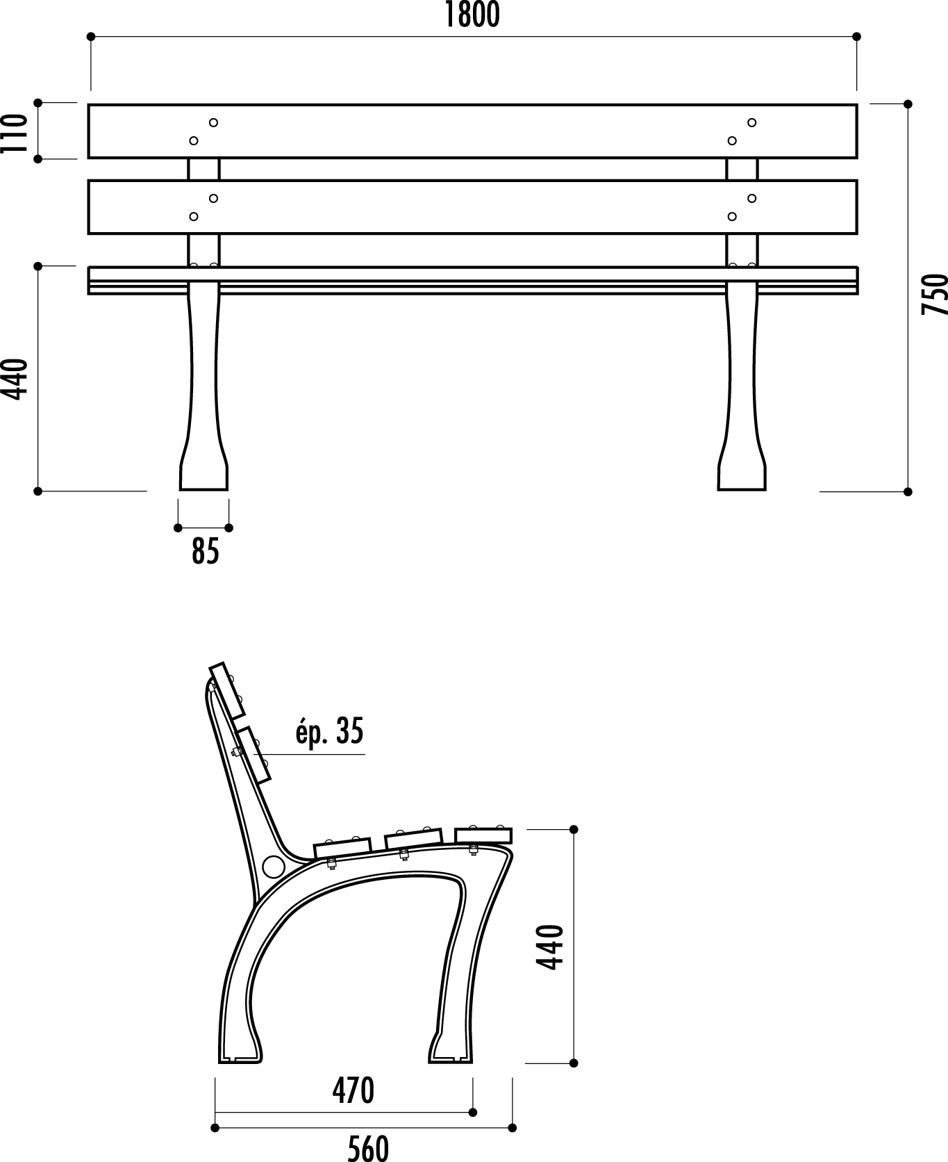 dimensions du banc public en bois et fonte - Net Collectivités