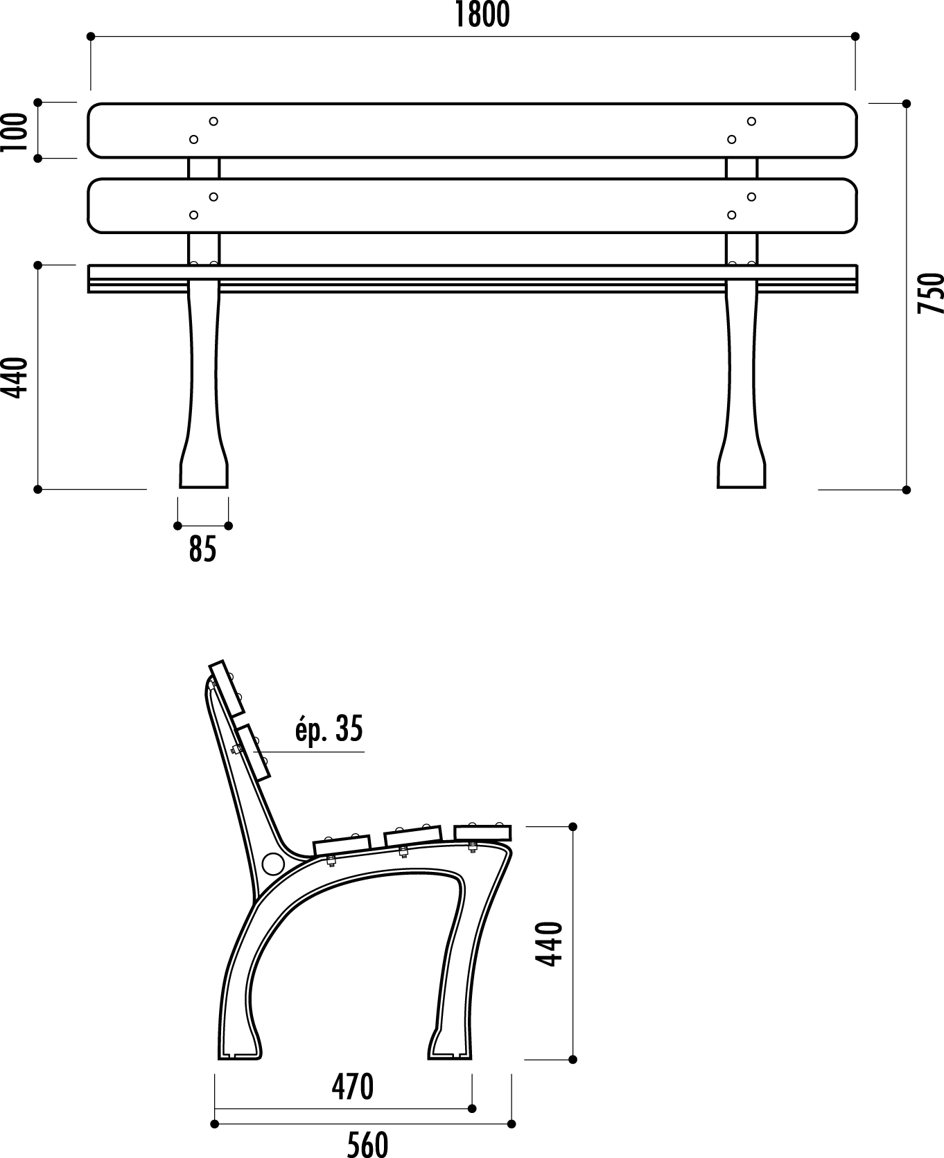 dimensions du banc public en bois et fonte net collectivités