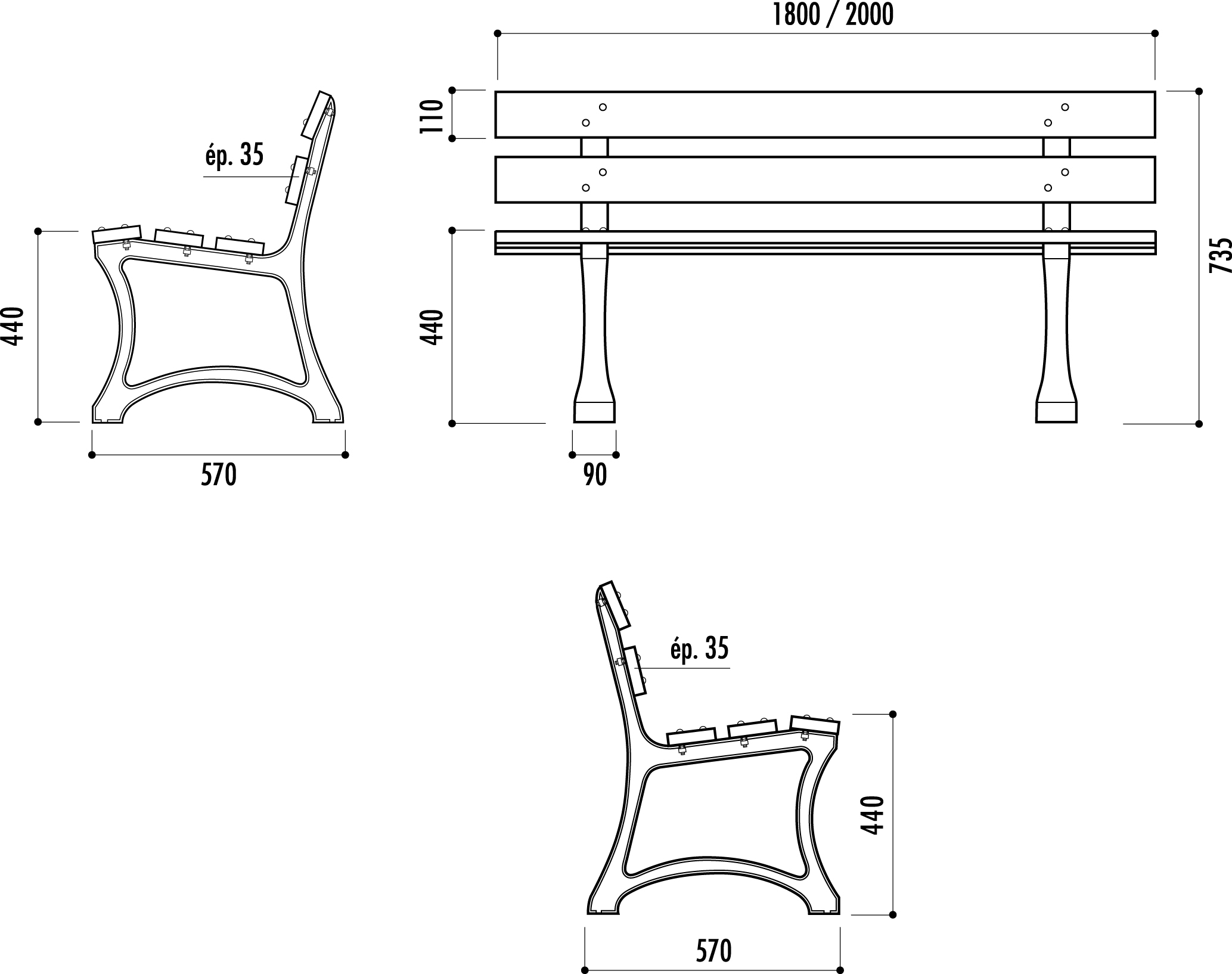 dimensions du banc public en bois et fonte net collectivités