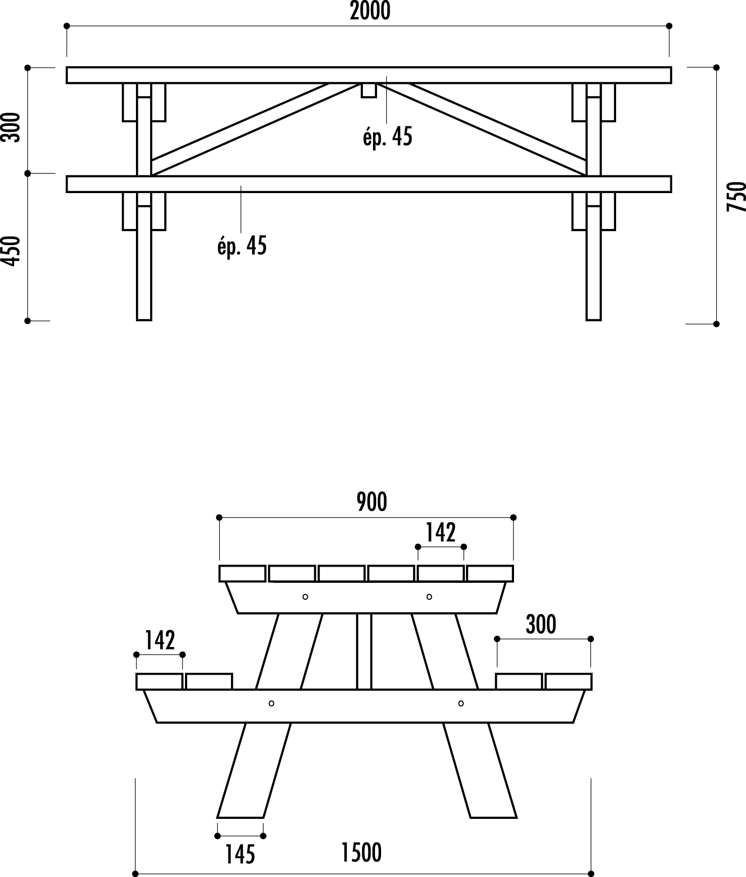 dimensions de la table pique-nique en bois BERLIN - Net Collectivités