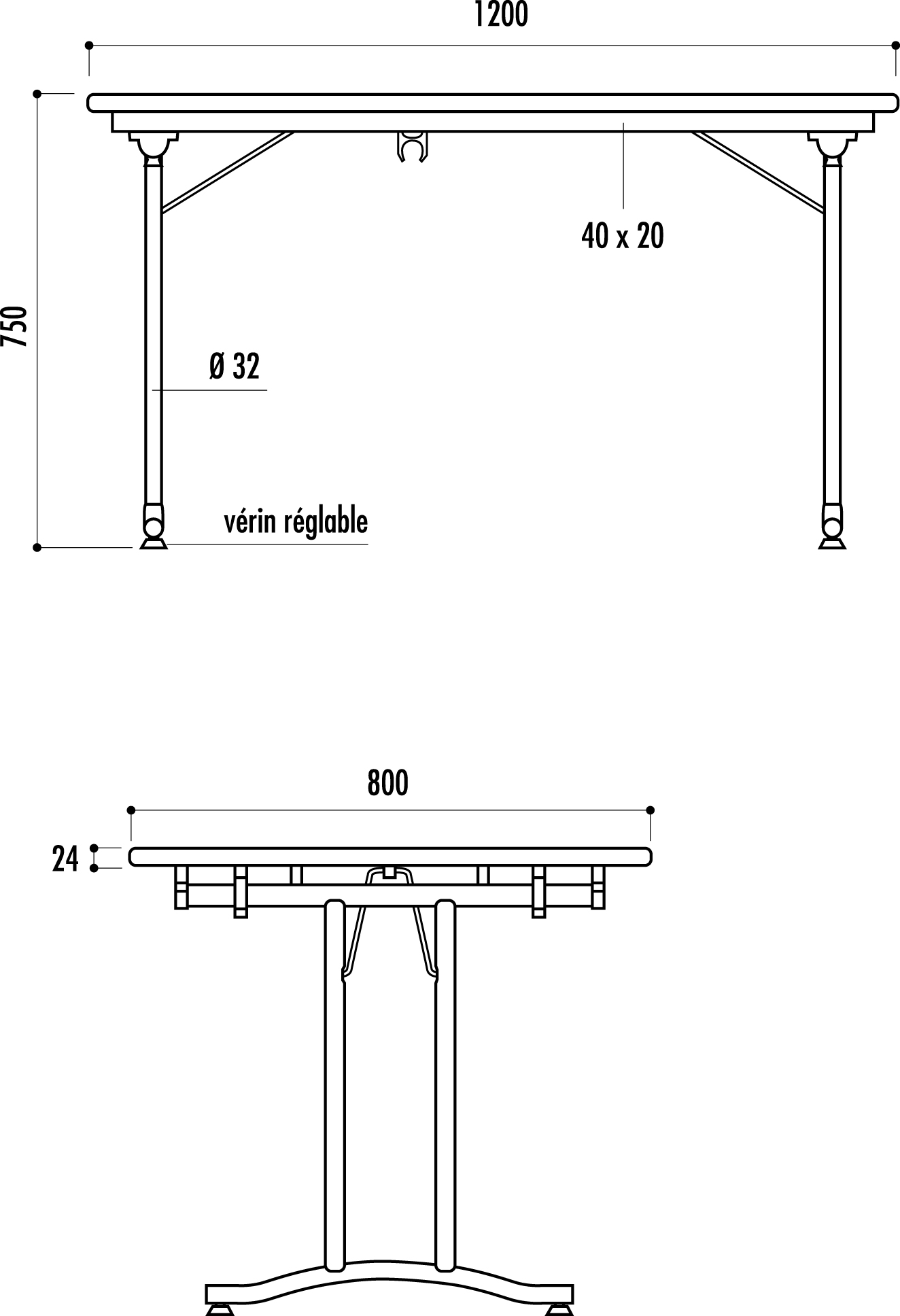 croquis de la table pliante pour collectivité - Net Collectivités