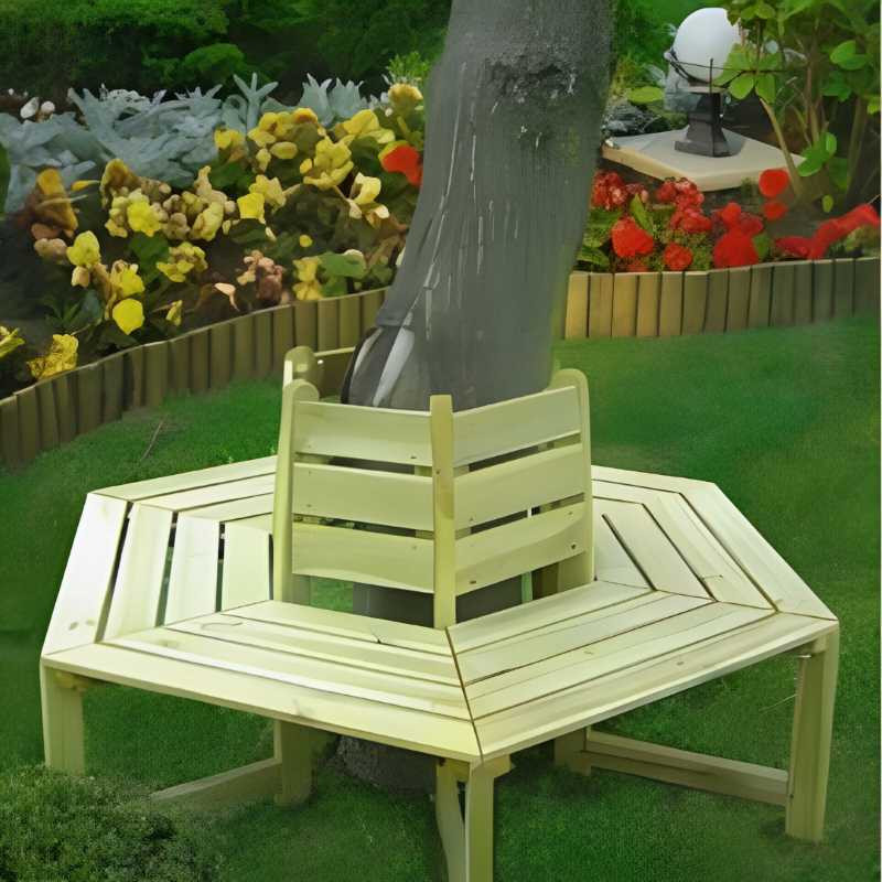 Banc entourage d'arbre en bois avec dossier dans un jardin