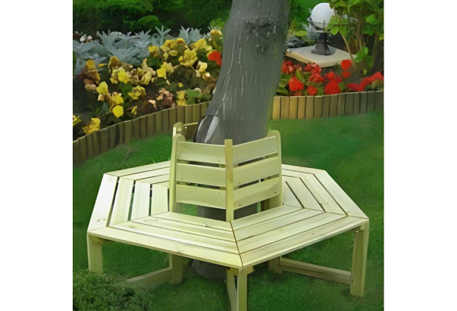 Banc entourage d'arbre en bois avec dossier dans un jardin
