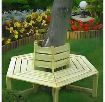 Banc entourage d'arbre en bois avec dossier dans un jardin