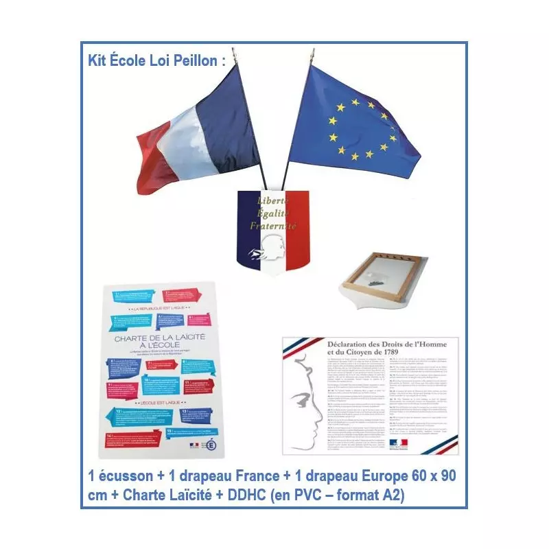 Kit ensemble Laïcité - 1 écusson + 2 drapeaux + Charte Laïcité + Déclaration des Droites de l'Homme