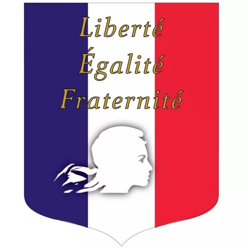 Visuel de l'écusson porte-drapeaux - Tricolore + Liberté Égalité Fraternité - Gamme éco - conforme Loi Peillon