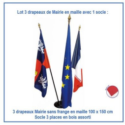 Lot exceptionnel de 3 drapeaux de mairie 100 x 150 cm sans frange + 1 socle en bois assorti