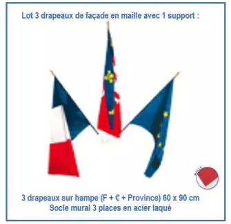 Kit pour façade de mairie : 3 drapeaux sur hampe 60 x 90 cm + 1 porte-drapeaux mural - Net Collectivités