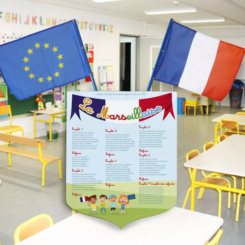 Écusson porte drapeaux + 2 drapeaux "La Marseillaise" pour école maternelle