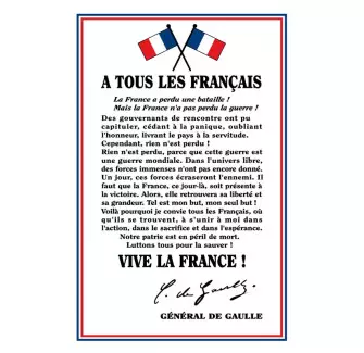 Plaque PVC ou PLEXi "À tous les français" Général DE GAULLE