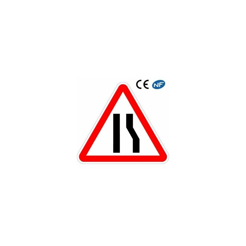 Panneau routier attention chaussée rétrécie par la droite (A3a)