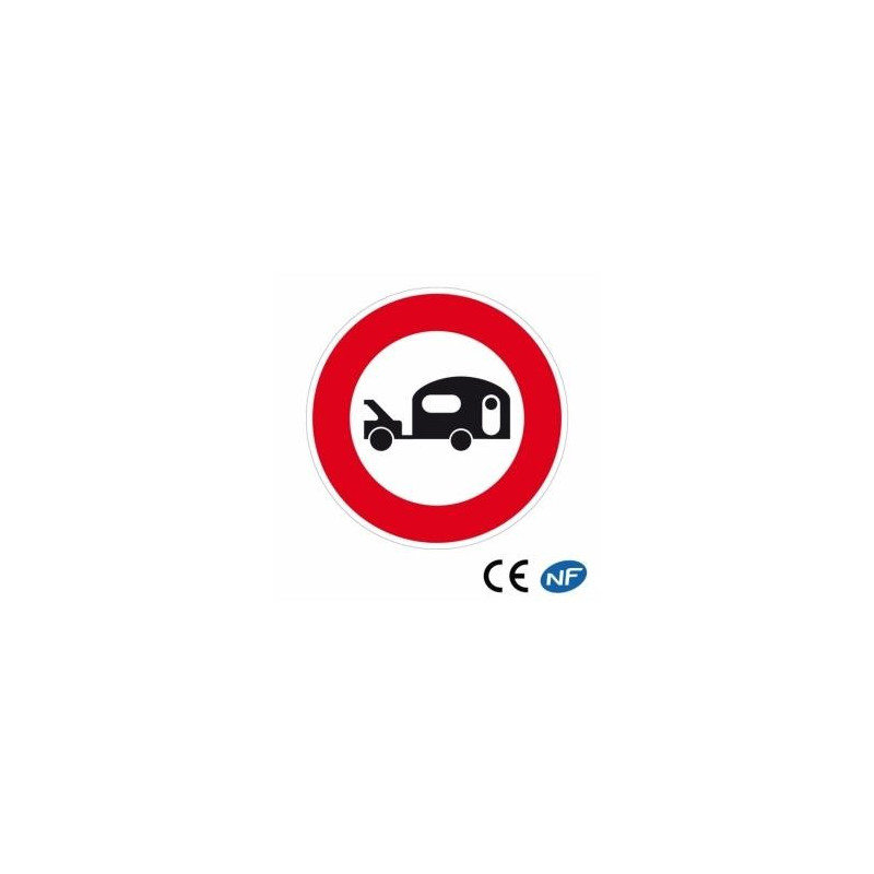 Panneau de route interdit aux véhicules tractant une caravane
