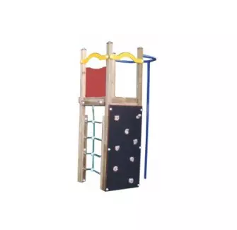 Petit module de jeux tour des pompiers avec mur d'escalade et filet de grimpe