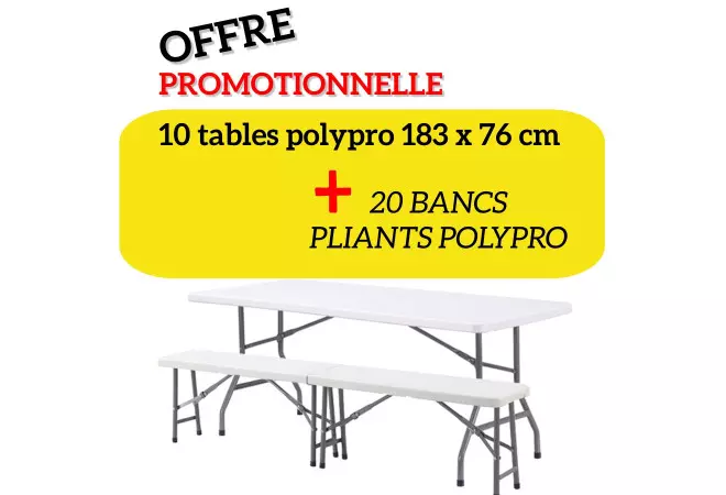 Ensemble 10 tables + 20 bancs pliants en polypro