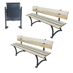 Lot de 2 bancs publics HPL + 1 corbeille demi-ronde en acier