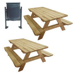 Lot de 2 tables pique-nique en bois + 1 corbeille acier 35L OFFERTE