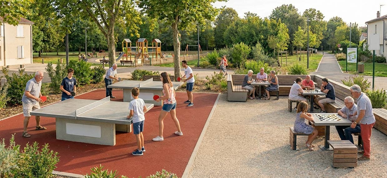 Tables de ping pong et jeux de société dans une aire de loisirs