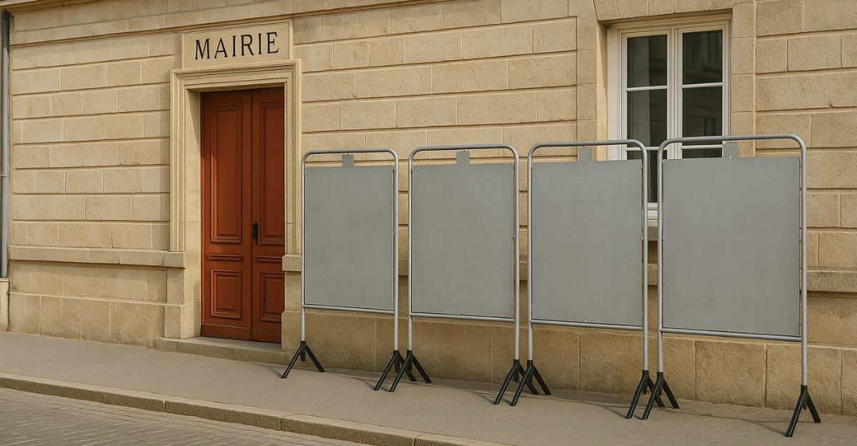 panneaux électoraux devant une mairie
