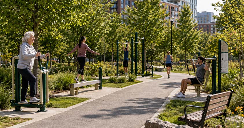 Agrès installés sur un parcours de santé sportif en ville