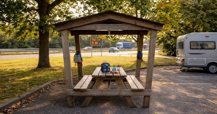 table de pique-nique avec toit en bois