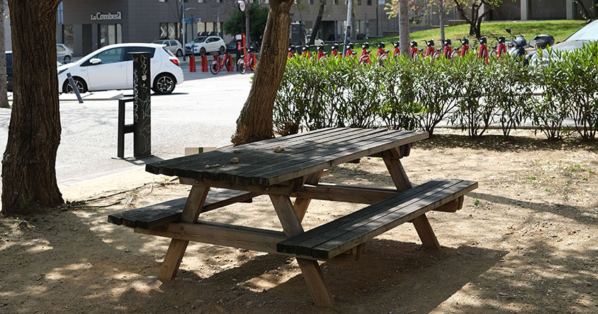 table de pique-nique sous des arbres dans un espace public urbain ombragé