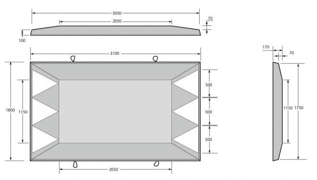 Dessin technique et dimensions du coussin lyonnais en béton rouge ralentisseur routier - Net Collectivités