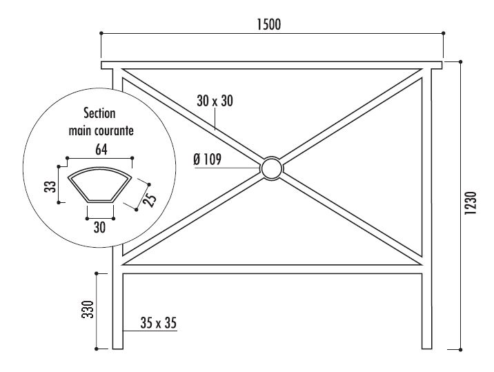 dessin technique de la barrière urbaine en acier modèle Hambourg avec main-courante - Net Collectivites