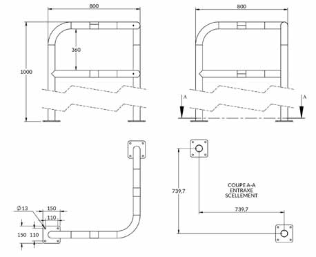 Arceau d'angle de sécurité en acier sur 2 pieds sur platines